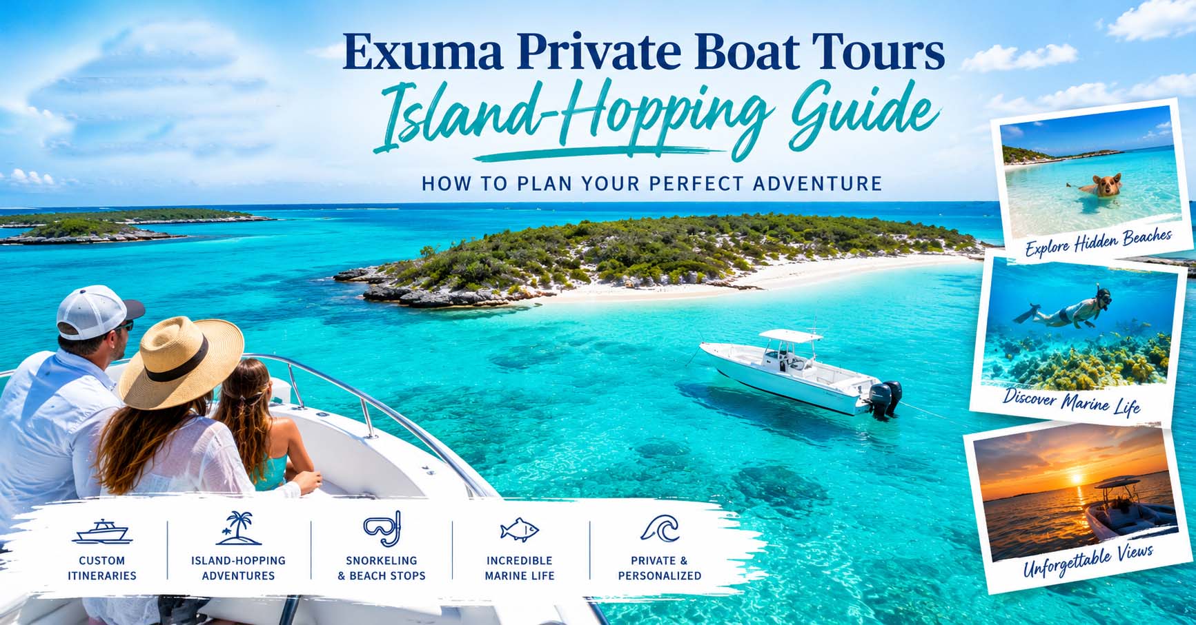 Private boat tour exploring turquoise waters and islands in the Exuma Cays, Bahamas